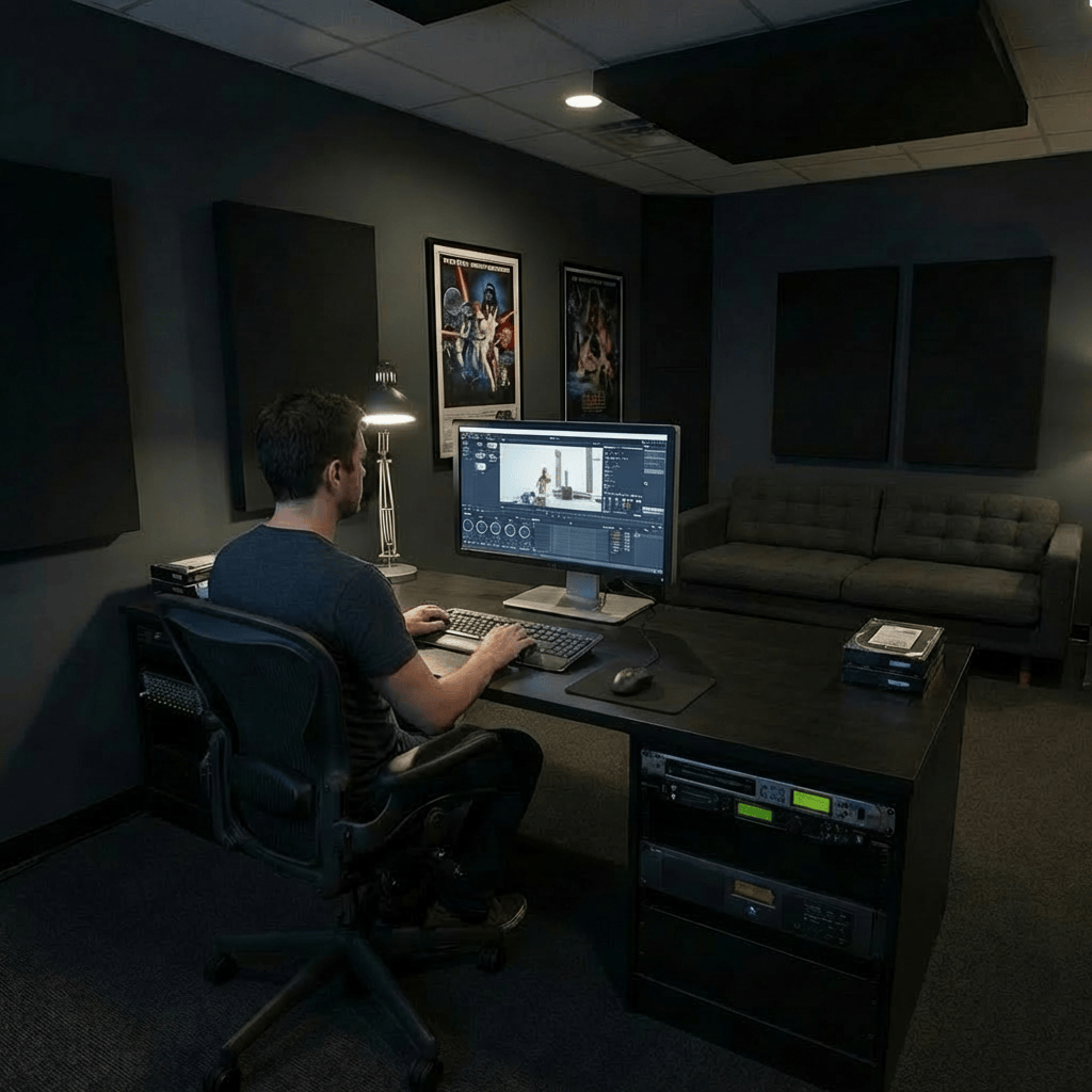 Man using professional color grading hardware and monitors in a studio.